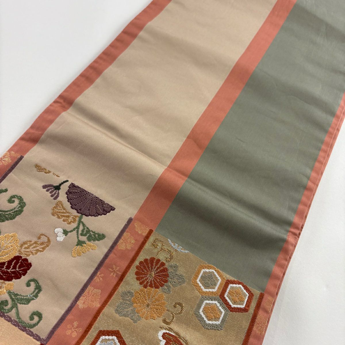 袋帶 秀品級 菊花花 有職紋樣 刺繡 金線 粉色 六通 純蠶絲
