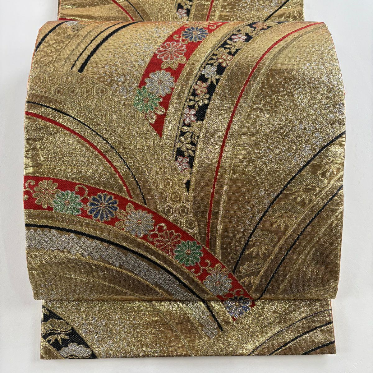 袋帶 秀品級 菊花唐草紋 松樹竹子梅花 金糸 金金箔 金 六通 純蠶絲