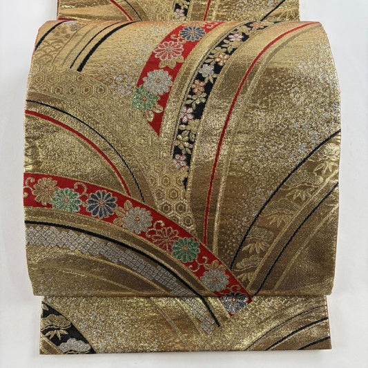 袋帶 秀品級 菊花唐草紋 松樹竹子梅花 金糸 金金箔 金 六通 純蠶絲
