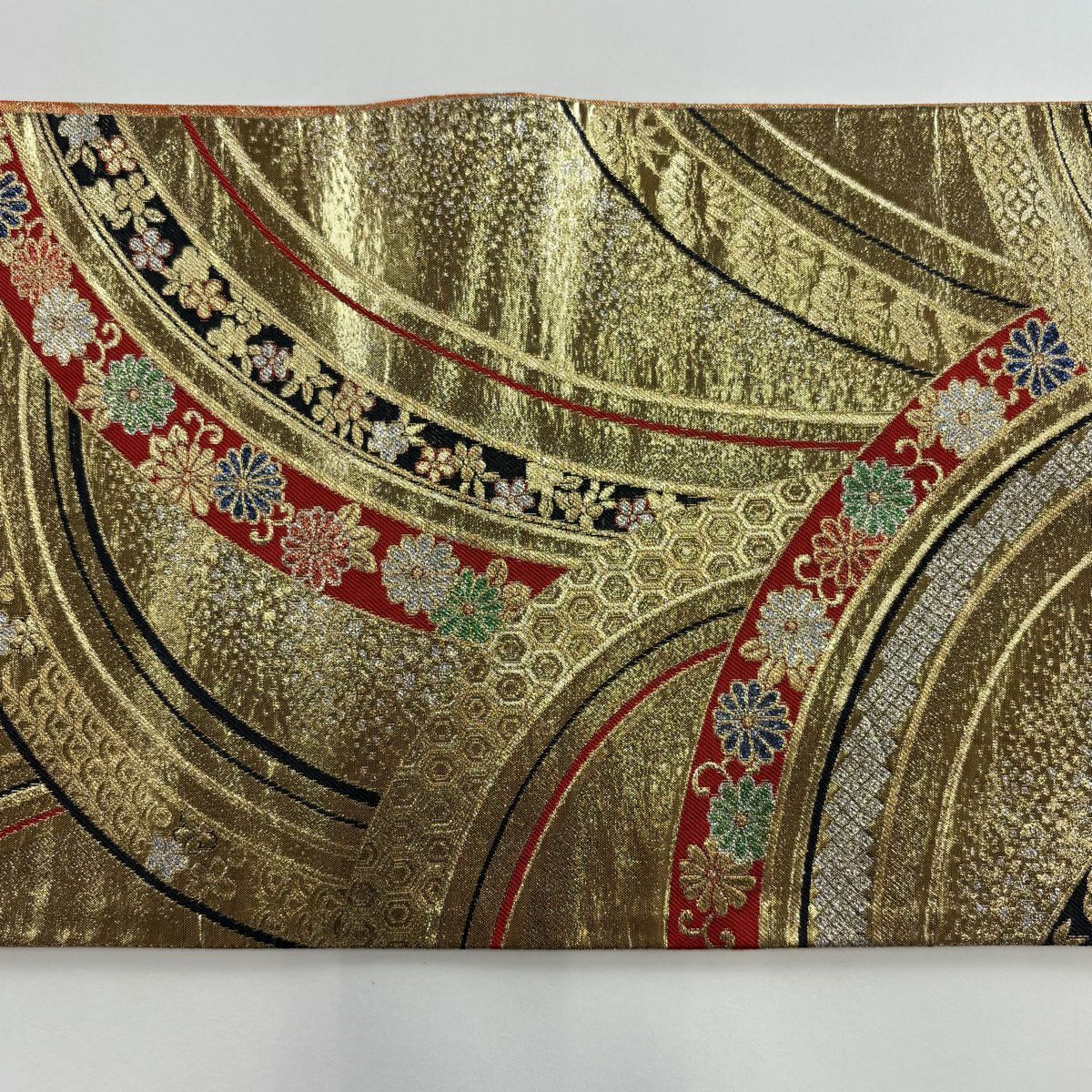 袋帶 秀品級 菊花唐草紋 松樹竹子梅花 金糸 金金箔 金 六通 純蠶絲