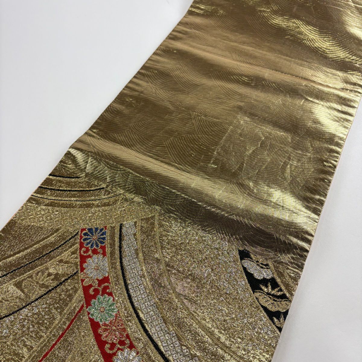 袋帶 秀品級 菊花唐草紋 松樹竹子梅花 金糸 金金箔 金 六通 純蠶絲