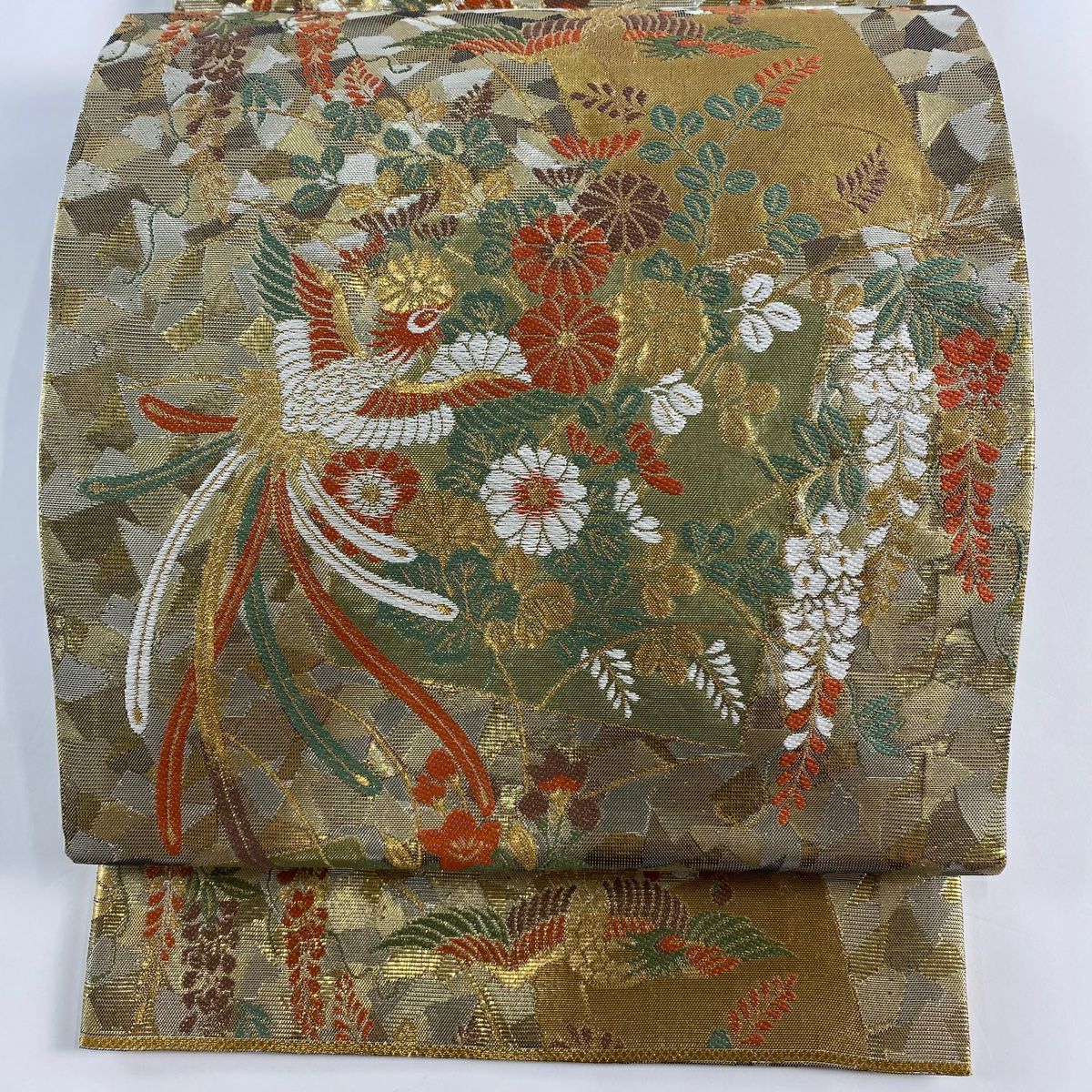 【美品】 袋帶 秀品級 尾長鳥 草花紋 金金箔 金絲 金 六通 純蠶絲
