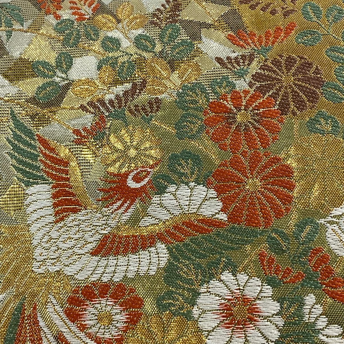 【美品】 袋帶 秀品級 尾長鳥 草花紋 金金箔 金絲 金 六通 純蠶絲