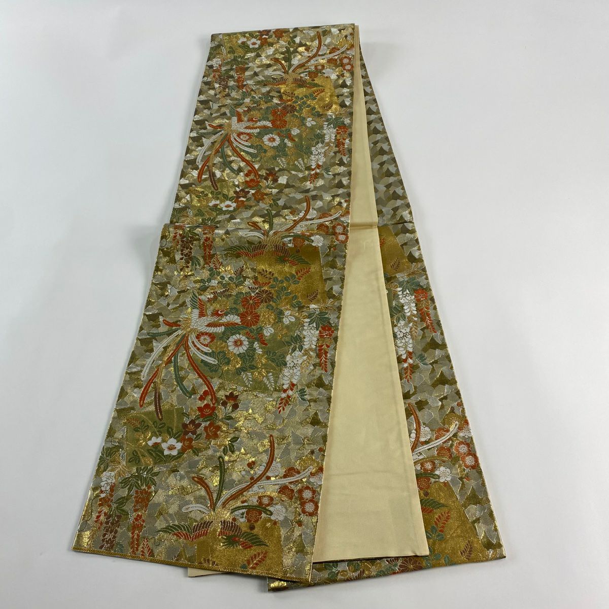 【美品】 袋帶 秀品級 尾長鳥 草花紋 金金箔 金絲 金 六通 純蠶絲