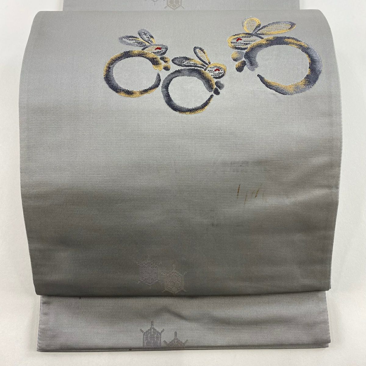 袋帶 優品級 兔子 龜甲 金絲 灰色 大鼓圖案 純蠶絲