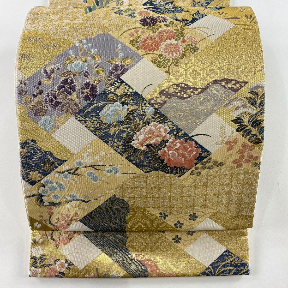 【美品】 袋帶 秀品級 紹巴 檜垣四季花紋 金絲 金金箔 金色 六通 純蠶絲