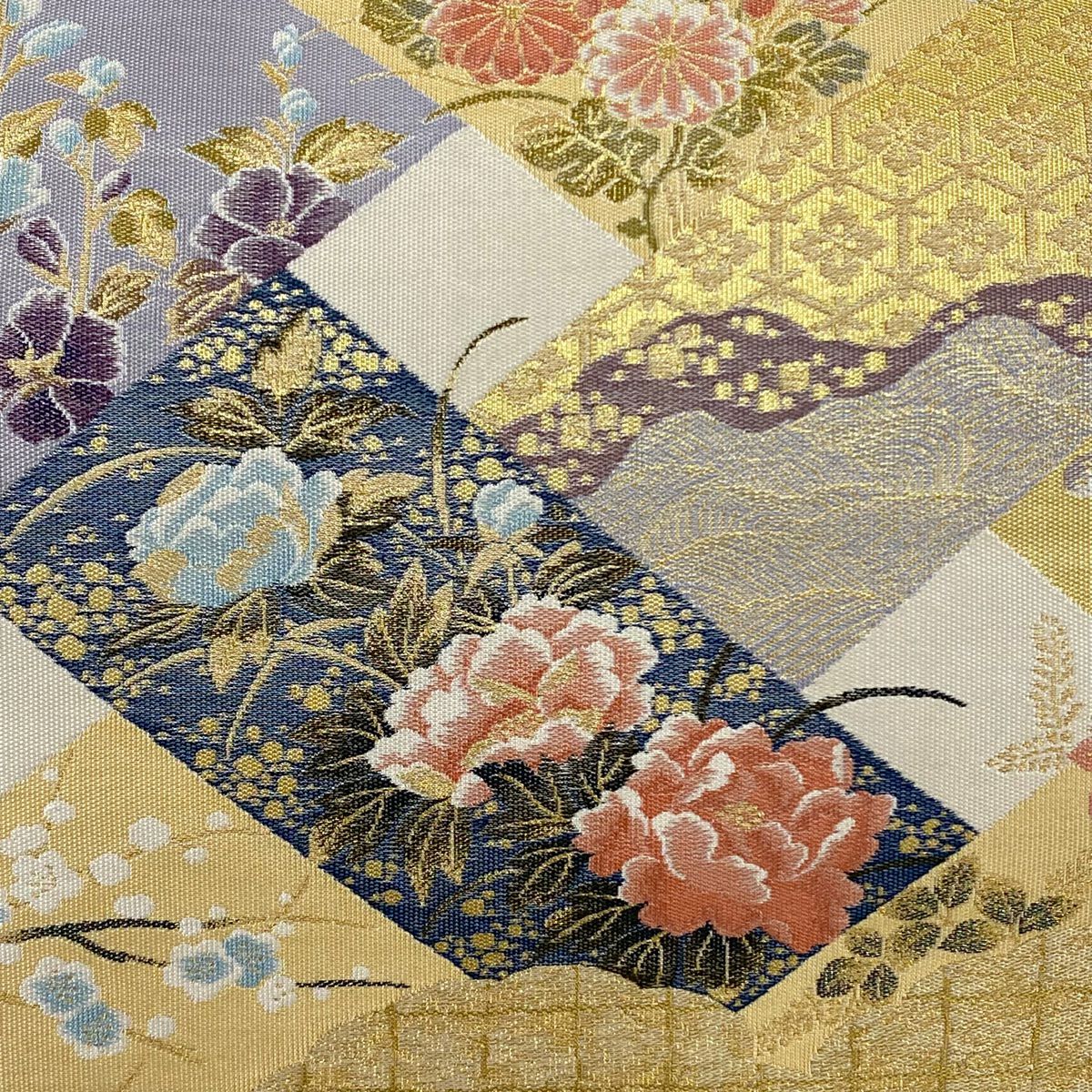 【美品】 袋帶 秀品級 紹巴 檜垣四季花紋 金絲 金金箔 金色 六通 純蠶絲