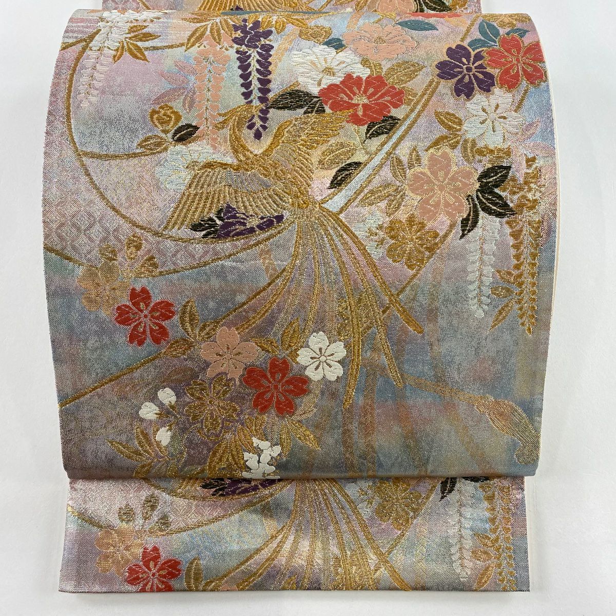 【美品】 袋帶 秀品級櫻花 鳳凰 金絲 金金箔 淺粉色 六通 純蠶絲