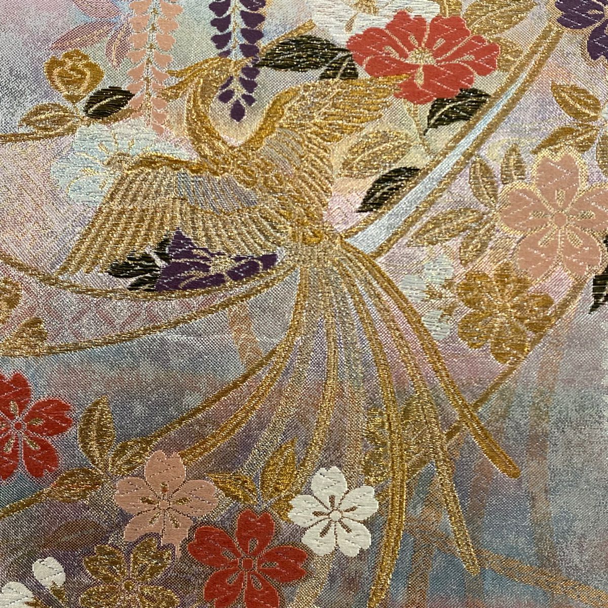 【美品】 袋帶 秀品級櫻花 鳳凰 金絲 金金箔 淺粉色 六通 純蠶絲