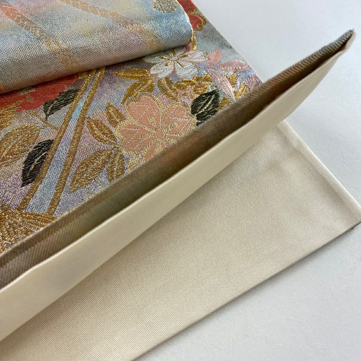 【美品】 袋帶 秀品級櫻花 鳳凰 金絲 金金箔 淺粉色 六通 純蠶絲