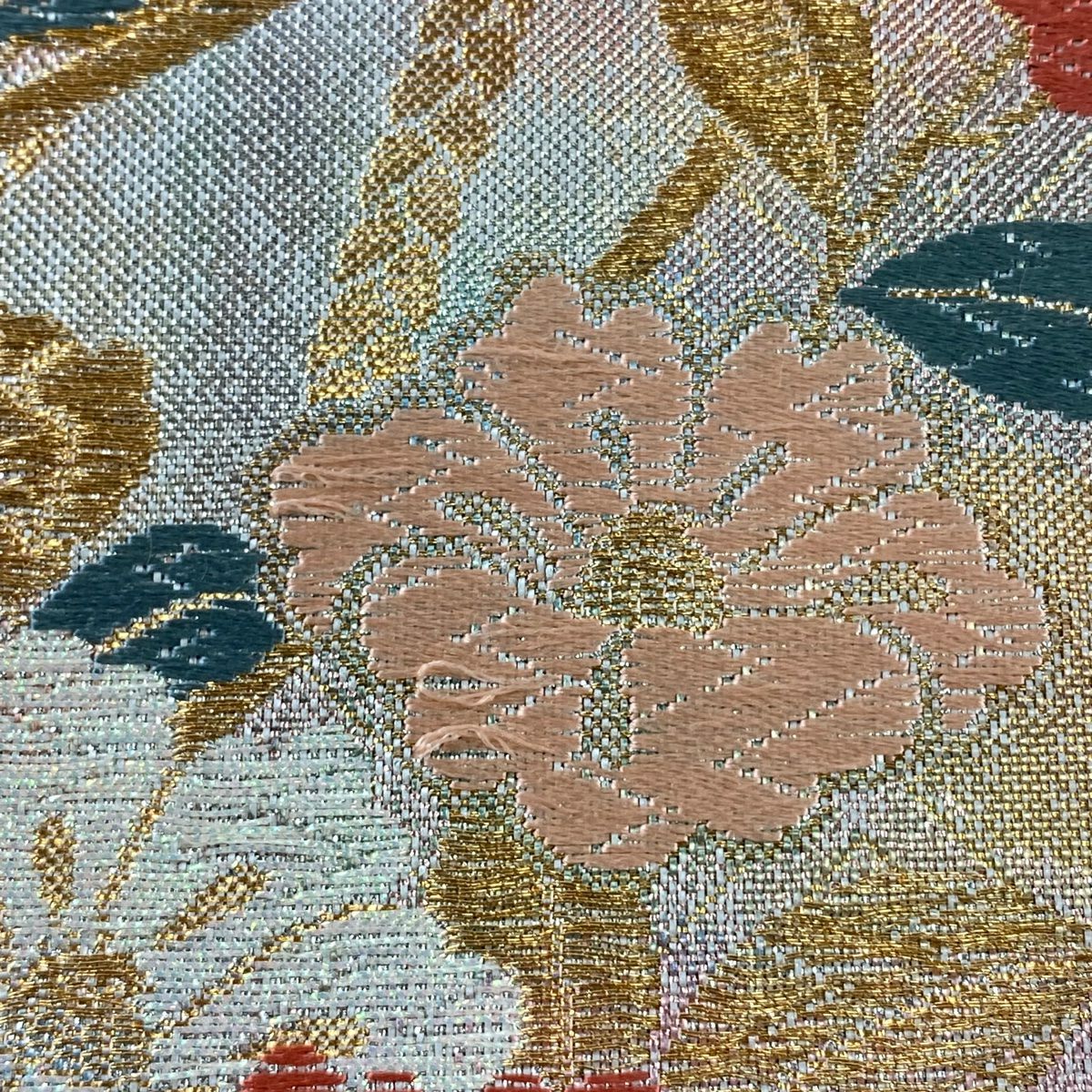 【美品】 袋帶 秀品級櫻花 鳳凰 金絲 金金箔 淺粉色 六通 純蠶絲