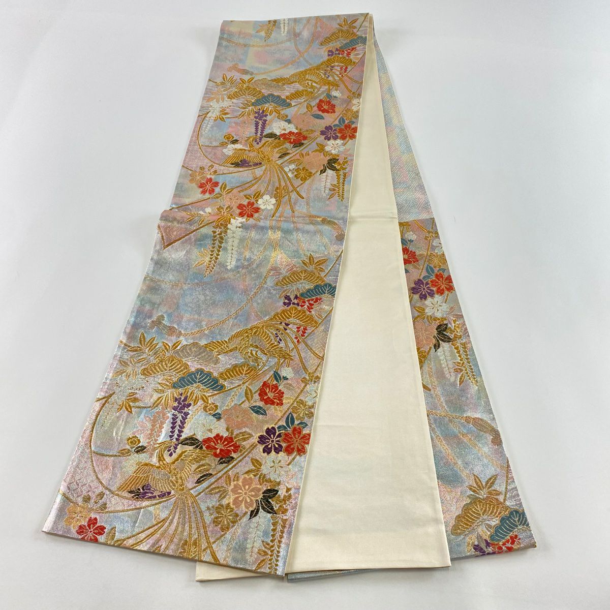 【美品】 袋帶 秀品級櫻花 鳳凰 金絲 金金箔 淺粉色 六通 純蠶絲