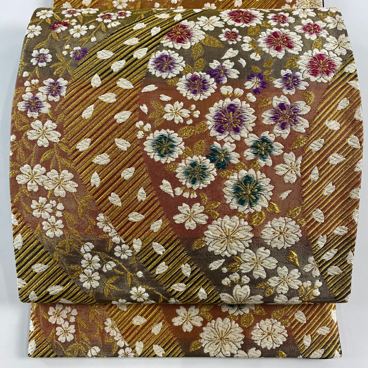 【美品】 袋帶 秀品級 樱花花瓣 金絲 金金箔 金色 六通 純蠶絲