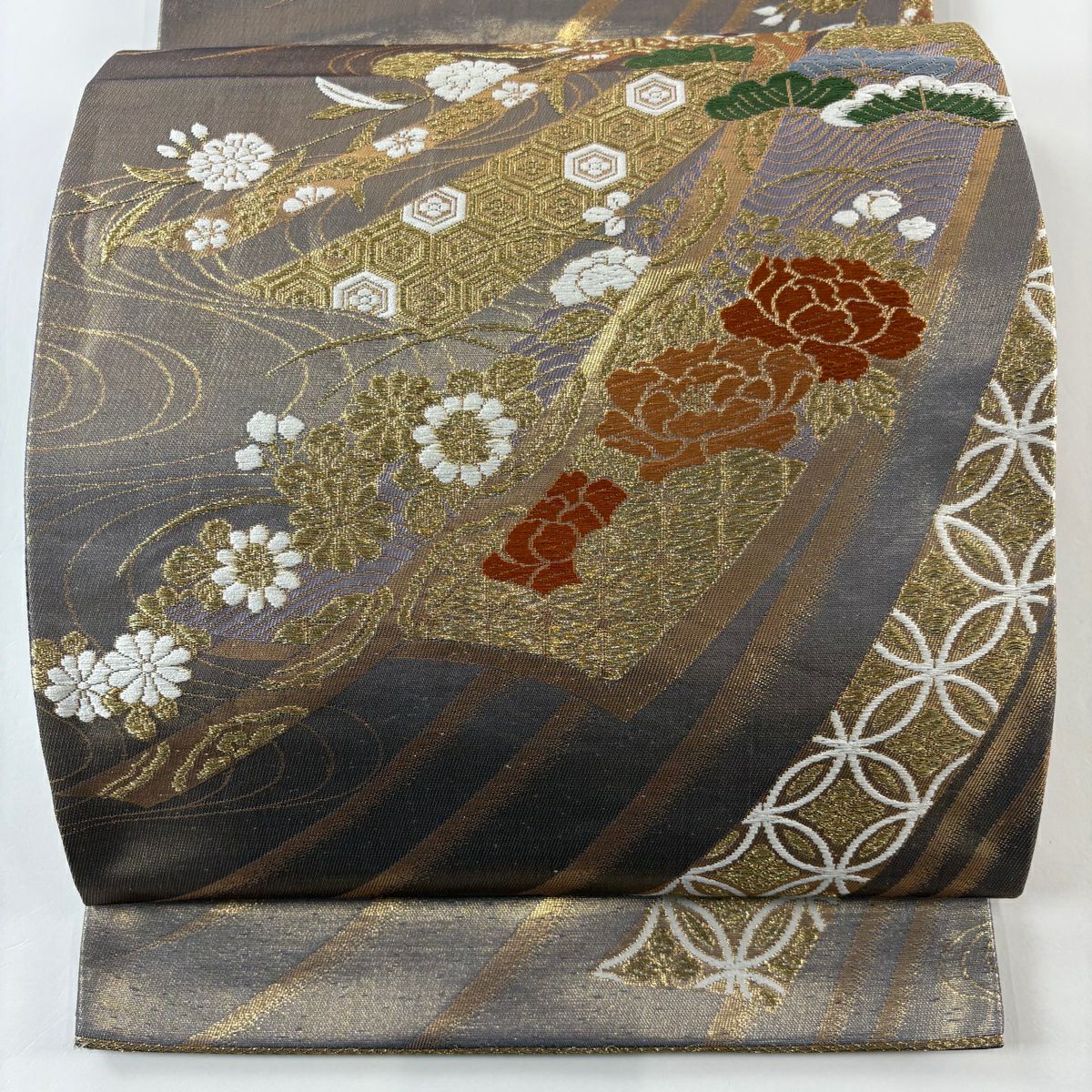 【美品】 袋帶 秀品級 草花紋紋 熨斗紋 金絲 唐織 灰紫 六通 純蠶絲