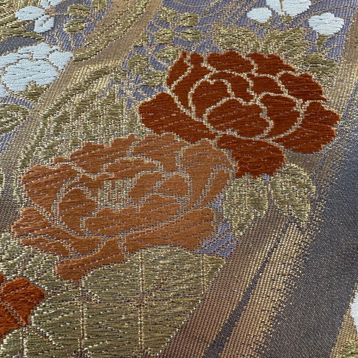 【美品】 袋帶 秀品級 草花紋紋 熨斗紋 金絲 唐織 灰紫 六通 純蠶絲
