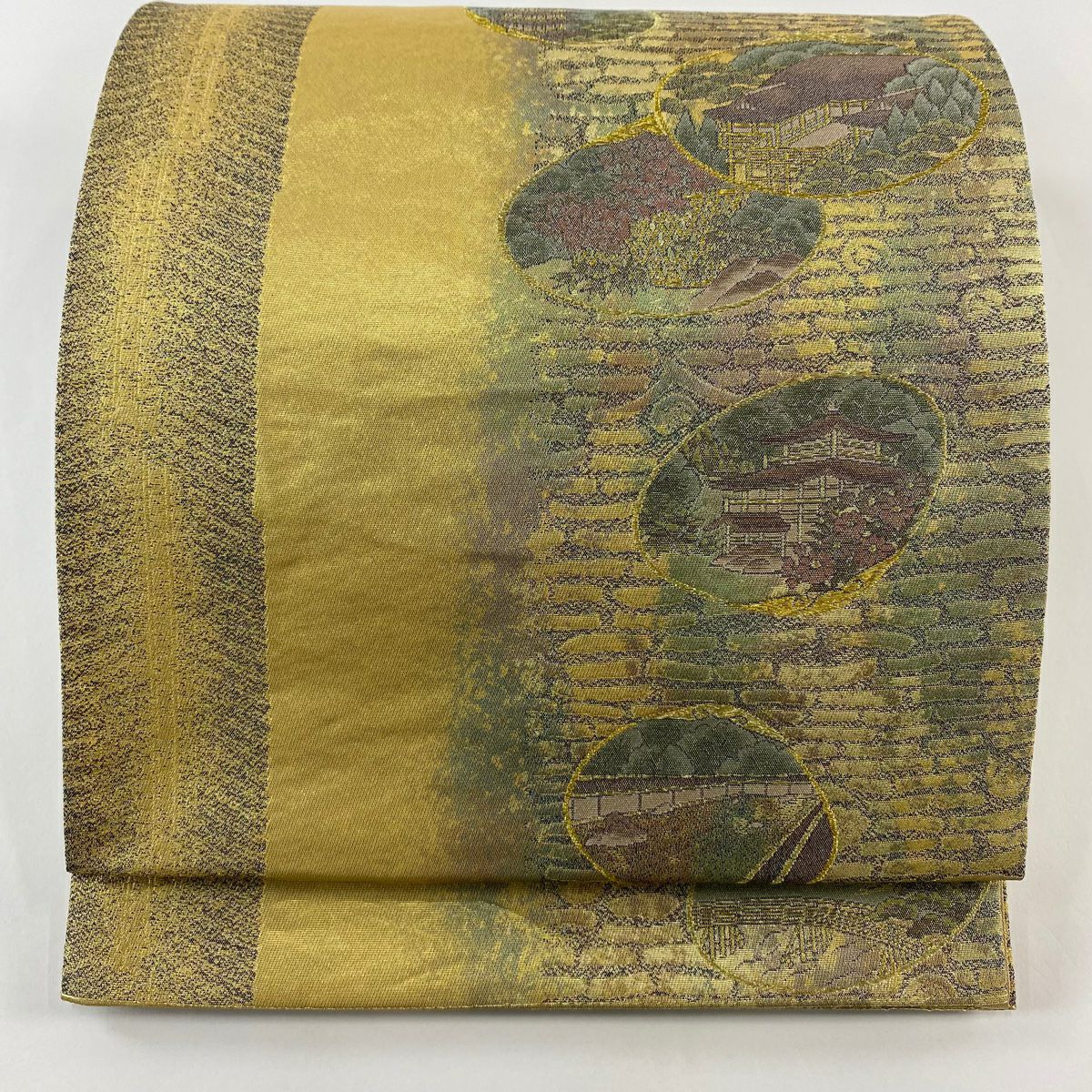 【美品】 袋帶 秀品級 貝合建物 金銀絲 金金箔 金色 六通 純蠶絲