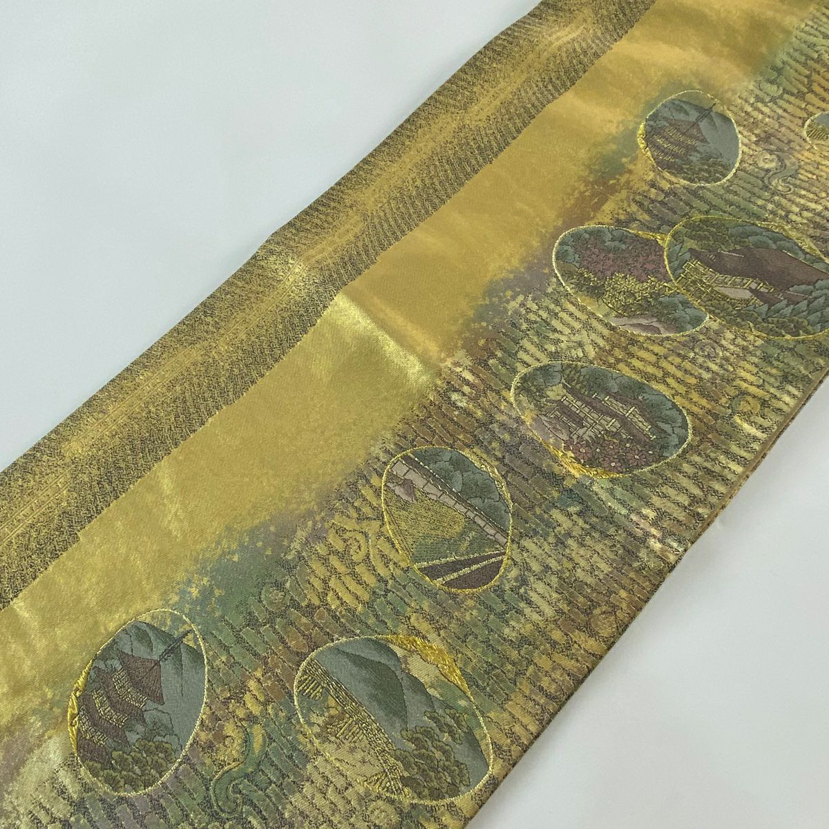 【美品】 袋帶 秀品級 貝合建物 金銀絲 金金箔 金色 六通 純蠶絲