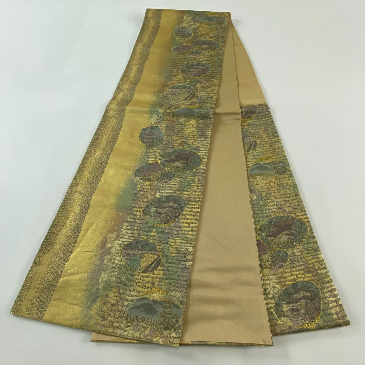 【美品】 袋帶 秀品級 貝合建物 金銀絲 金金箔 金色 六通 純蠶絲