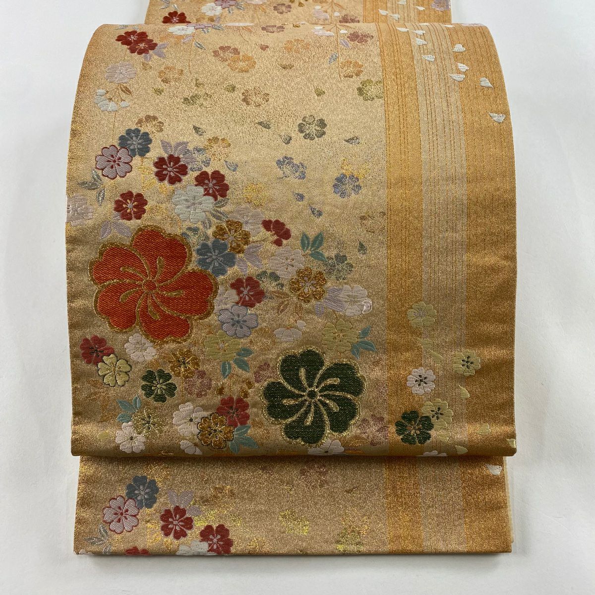 【美品】 袋帶 秀品級 樱花 金金箔 金絲 淺茶 深色 六通 純蠶絲