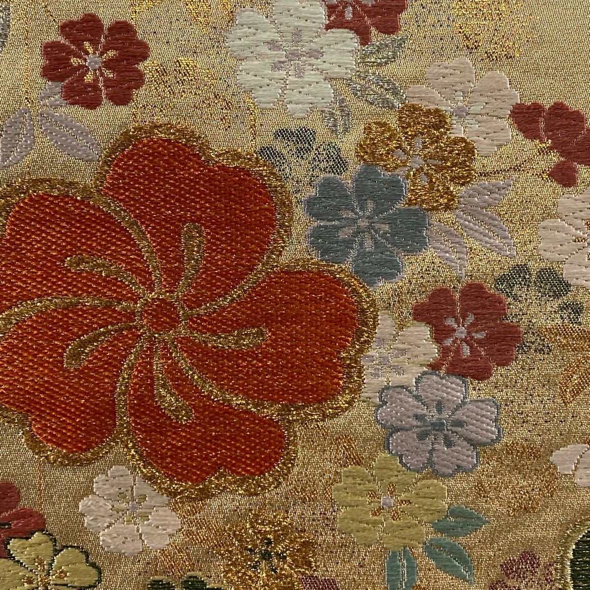 【美品】 袋帶 秀品級 樱花 金金箔 金絲 淺茶 深色 六通 純蠶絲