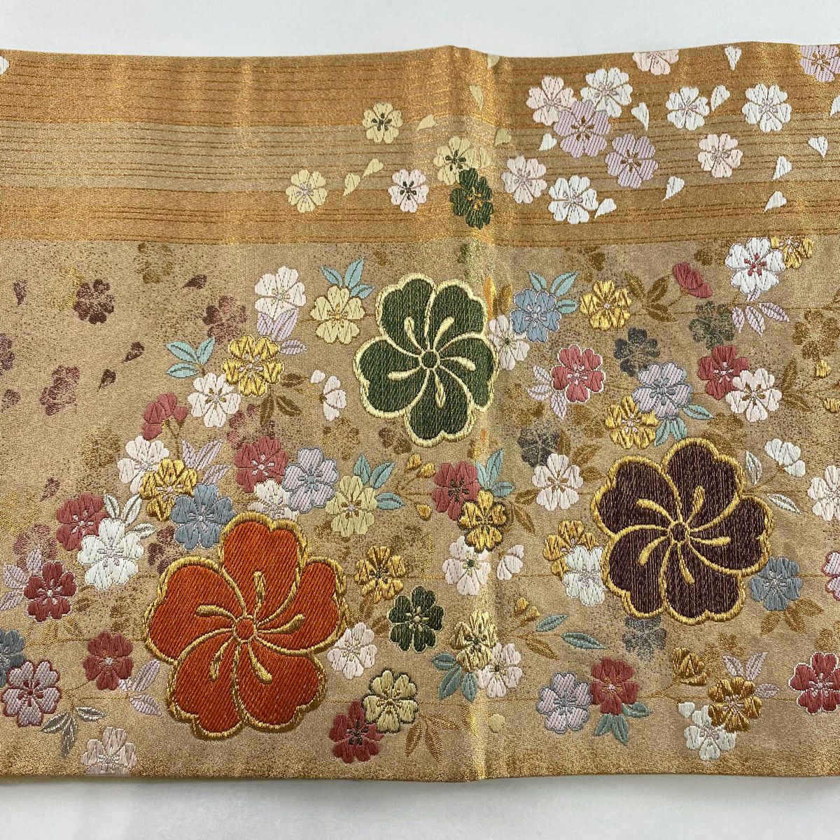 【美品】 袋帶 秀品級 樱花 金金箔 金絲 淺茶 深色 六通 純蠶絲