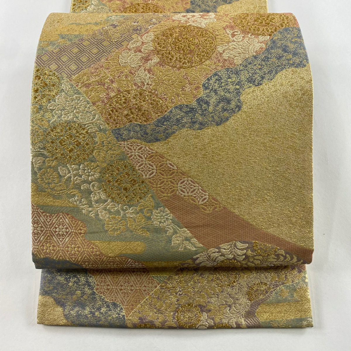 【美品】 袋帶 秀品級 道長取 草花紋紋 金金箔 金線 米色 六通 純蠶絲