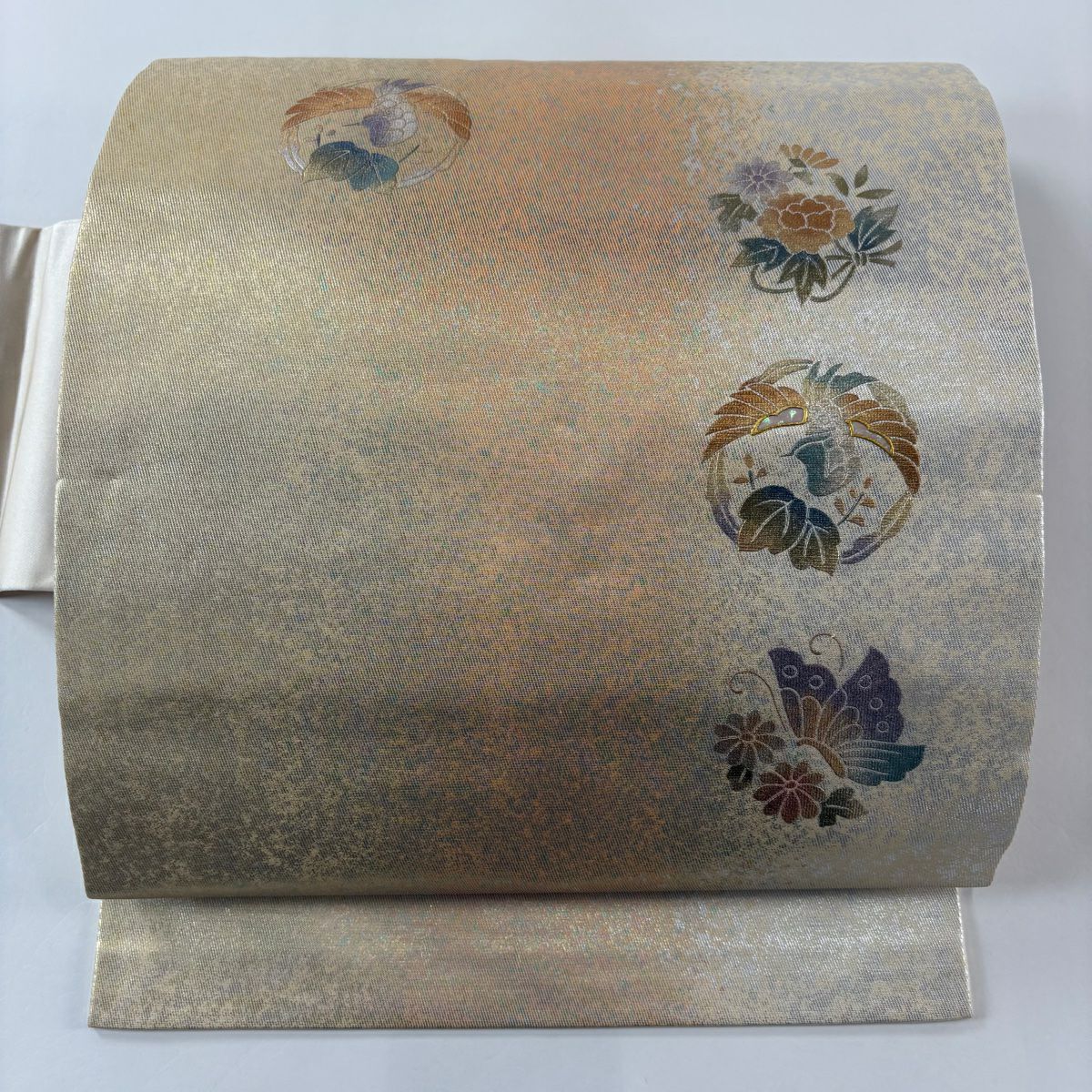 【美品】 名古屋帶 秀品級 鳥 花蝶 螺鈿 金金箔 米色 純蠶絲
