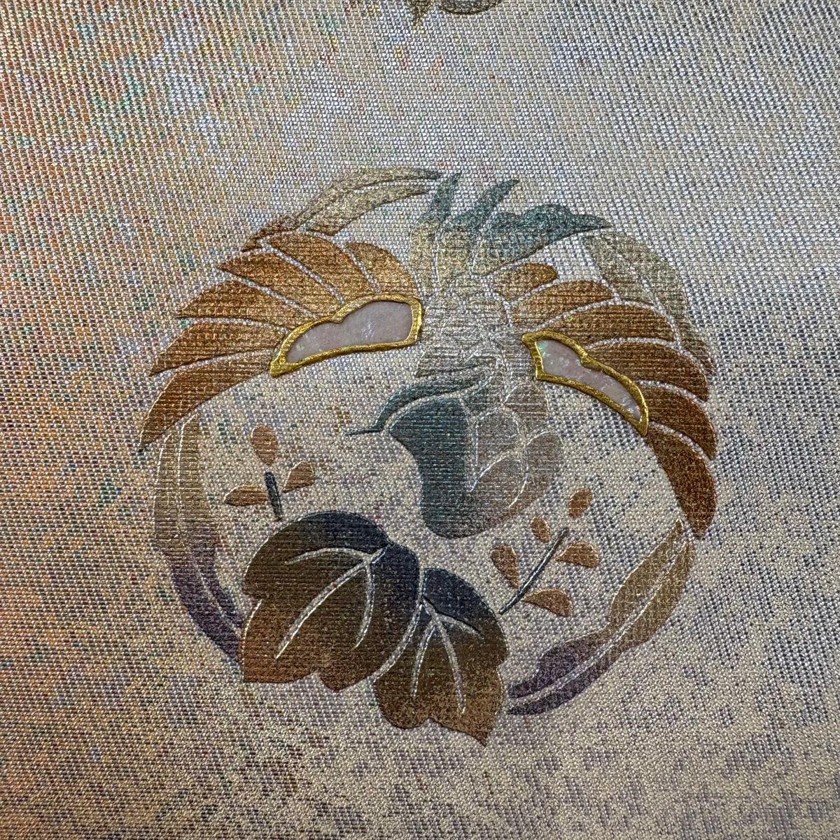 【美品】 名古屋帶 秀品級 鳥 花蝶 螺鈿 金金箔 米色 純蠶絲