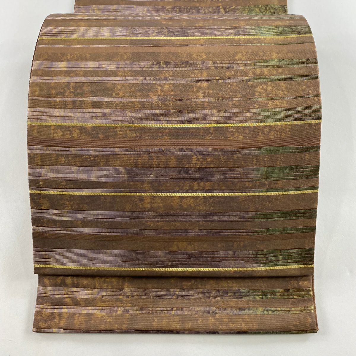 【美品】 袋帶 秀品級 段紋 金絲 金金箔 茶 六通 純蠶絲