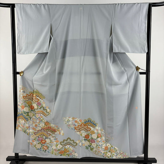 色留袖禮服 身長155cm 袖長63.5cm S 雙層 落款あり 笠松樹 草花紋紋 金糸 金銀彩 青灰 純蠶絲 秀品級 一つ紋