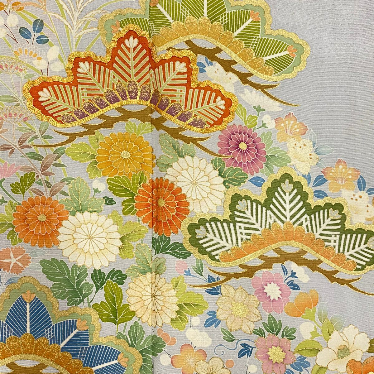 色留袖禮服 身長155cm 袖長63.5cm S 雙層 落款あり 笠松樹 草花紋紋 金糸 金銀彩 青灰 純蠶絲 秀品級 一つ紋