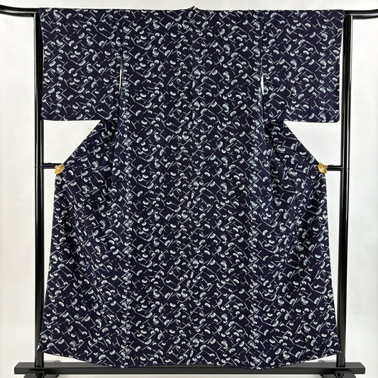 【美品】 小紋 身長155cm 袖長63.5cm S 雙層 阿波天然藍染 佐藤昭人 證書附帶 簪 藍色 純蠶絲 逸品級