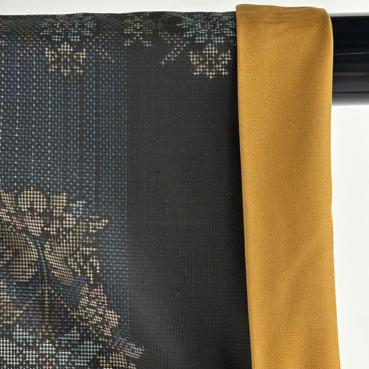 大島紬織 身長158cm 袖長62.5cm S 雙層 都喜ヱ門 鳥 草花紋紋 深藍 純蠶絲 逸品級