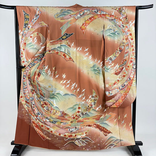 振袖禮服 身長163.5cm 袖長64.5cm M 雙層 熨斗紋 花鳥 金銀彩 漸層 薄茶 純蠶絲 名品級