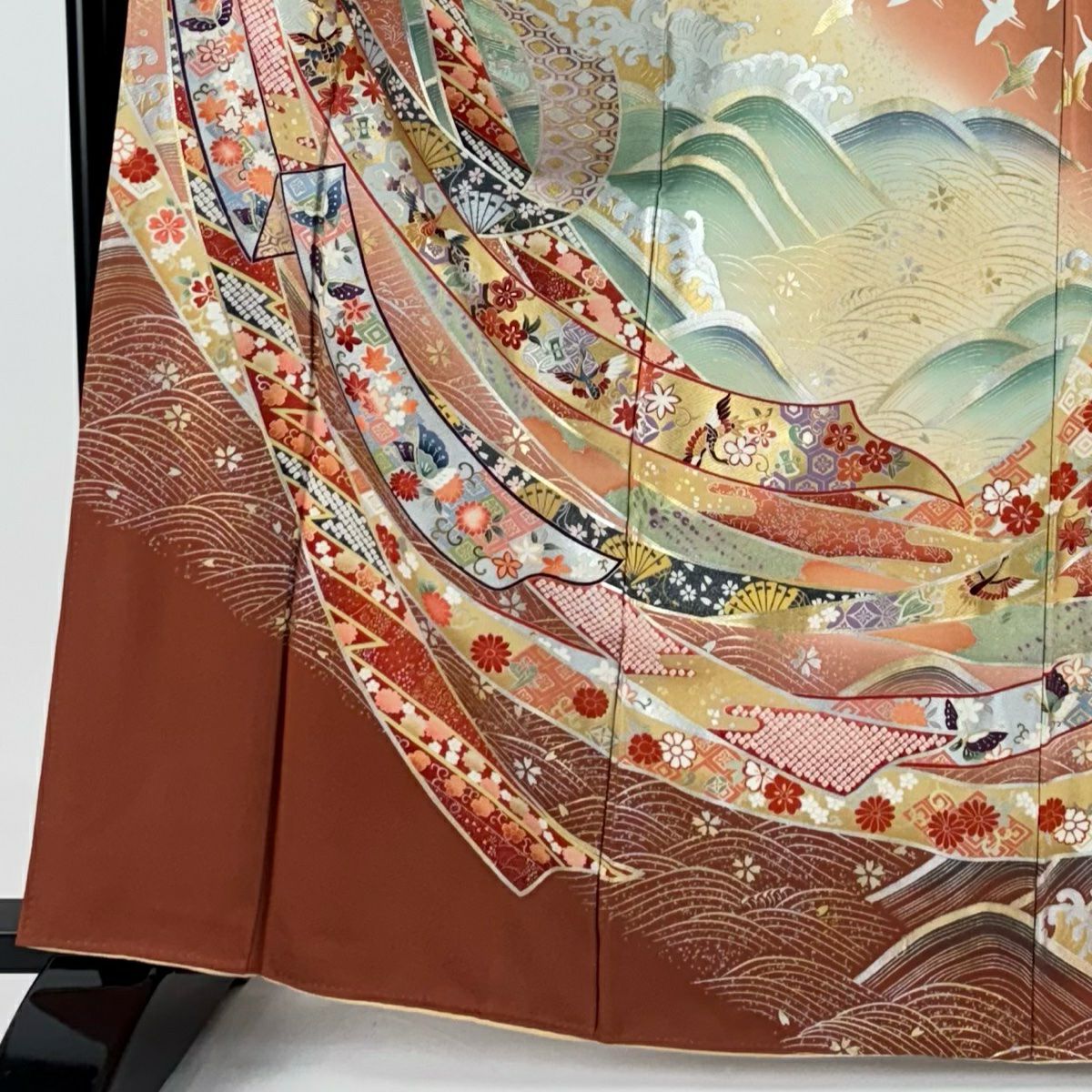 振袖禮服 身長163.5cm 袖長64.5cm M 雙層 熨斗紋 花鳥 金銀彩 漸層 薄茶 純蠶絲 名品級