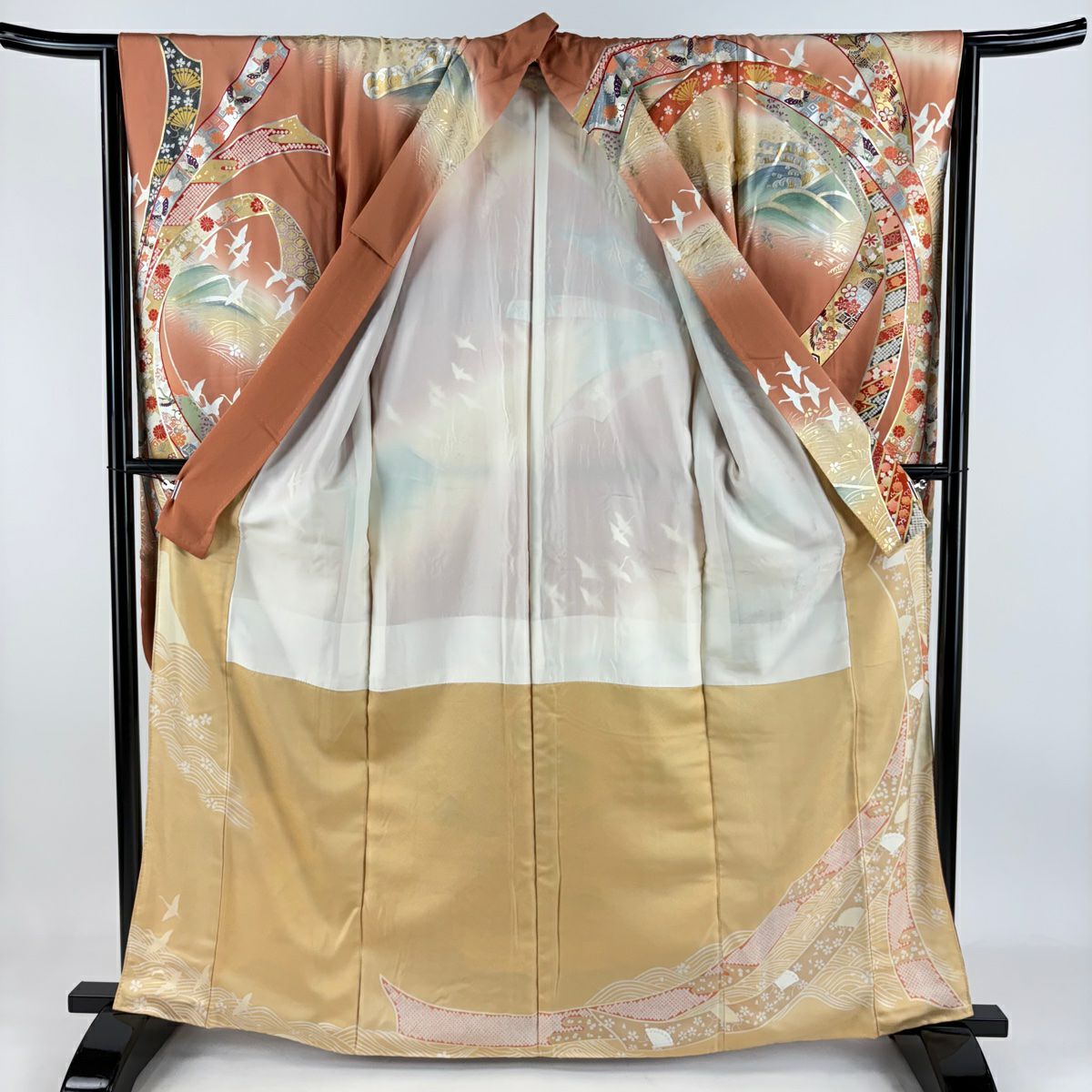 振袖禮服 身長163.5cm 袖長64.5cm M 雙層 熨斗紋 花鳥 金銀彩 漸層 薄茶 純蠶絲 名品級