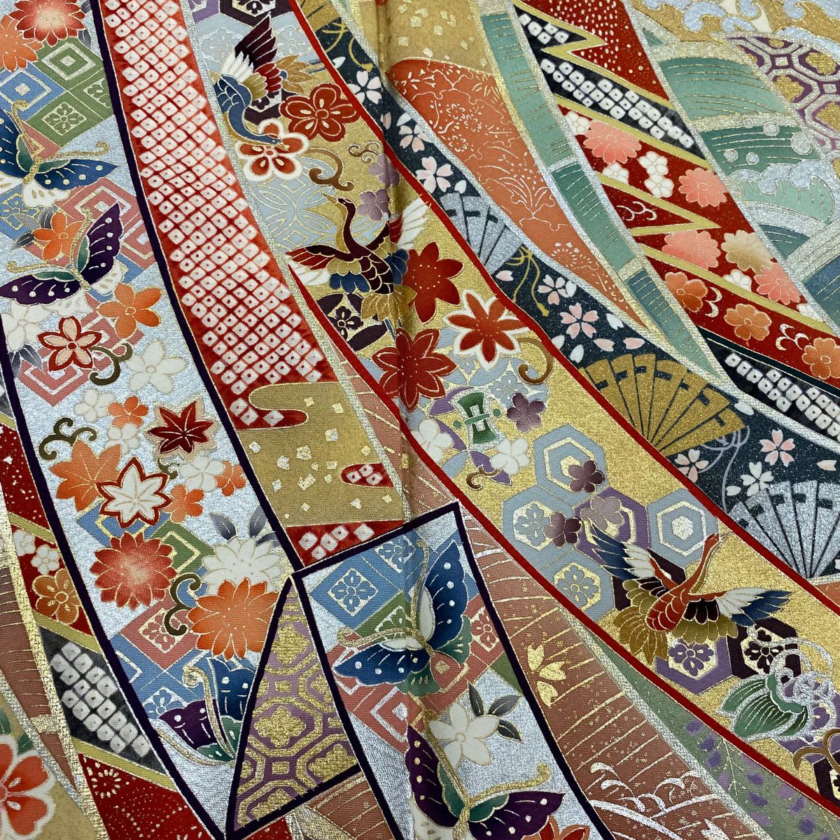 振袖禮服 身長163.5cm 袖長64.5cm M 雙層 熨斗紋 花鳥 金銀彩 漸層 薄茶 純蠶絲 名品級