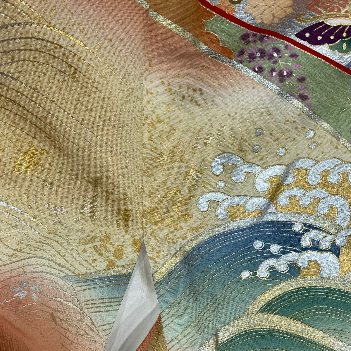 振袖禮服 身長163.5cm 袖長64.5cm M 雙層 熨斗紋 花鳥 金銀彩 漸層 薄茶 純蠶絲 名品級