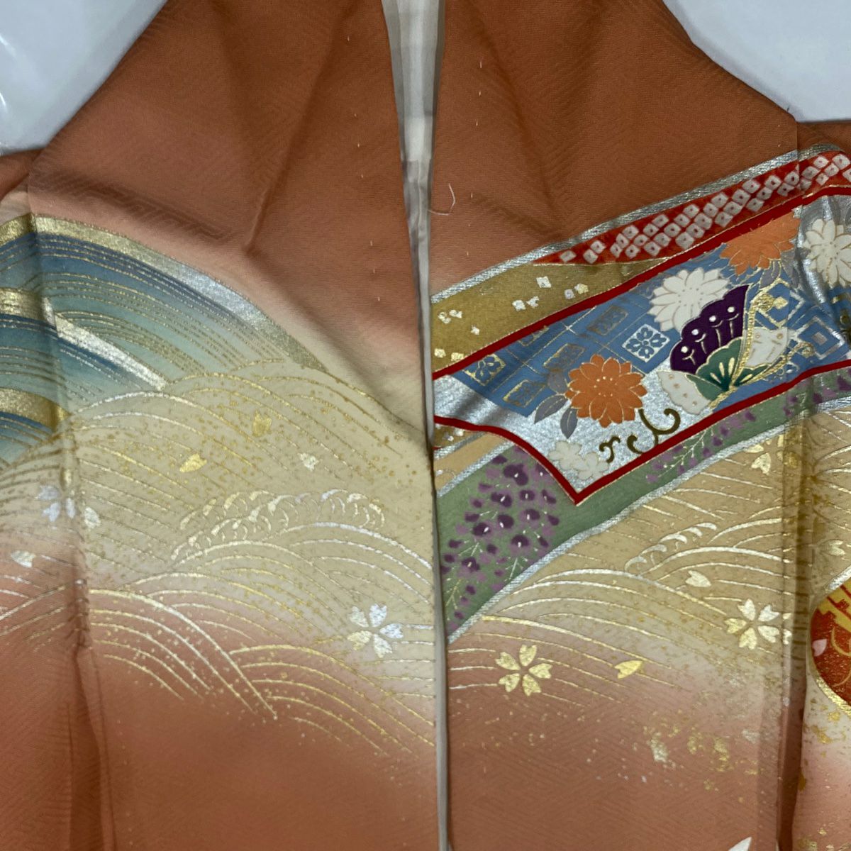 振袖禮服 身長163.5cm 袖長64.5cm M 雙層 熨斗紋 花鳥 金銀彩 漸層 薄茶 純蠶絲 名品級
