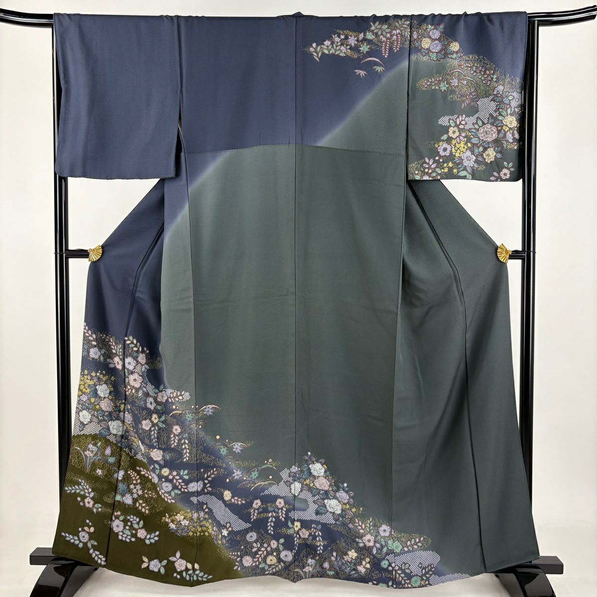 【庫存清倉】訪問服 身長161cm 袖長67cm M 雙層 草花紋紋 霞 金銀彩 絞染 青灰色 純蠶絲 名品級