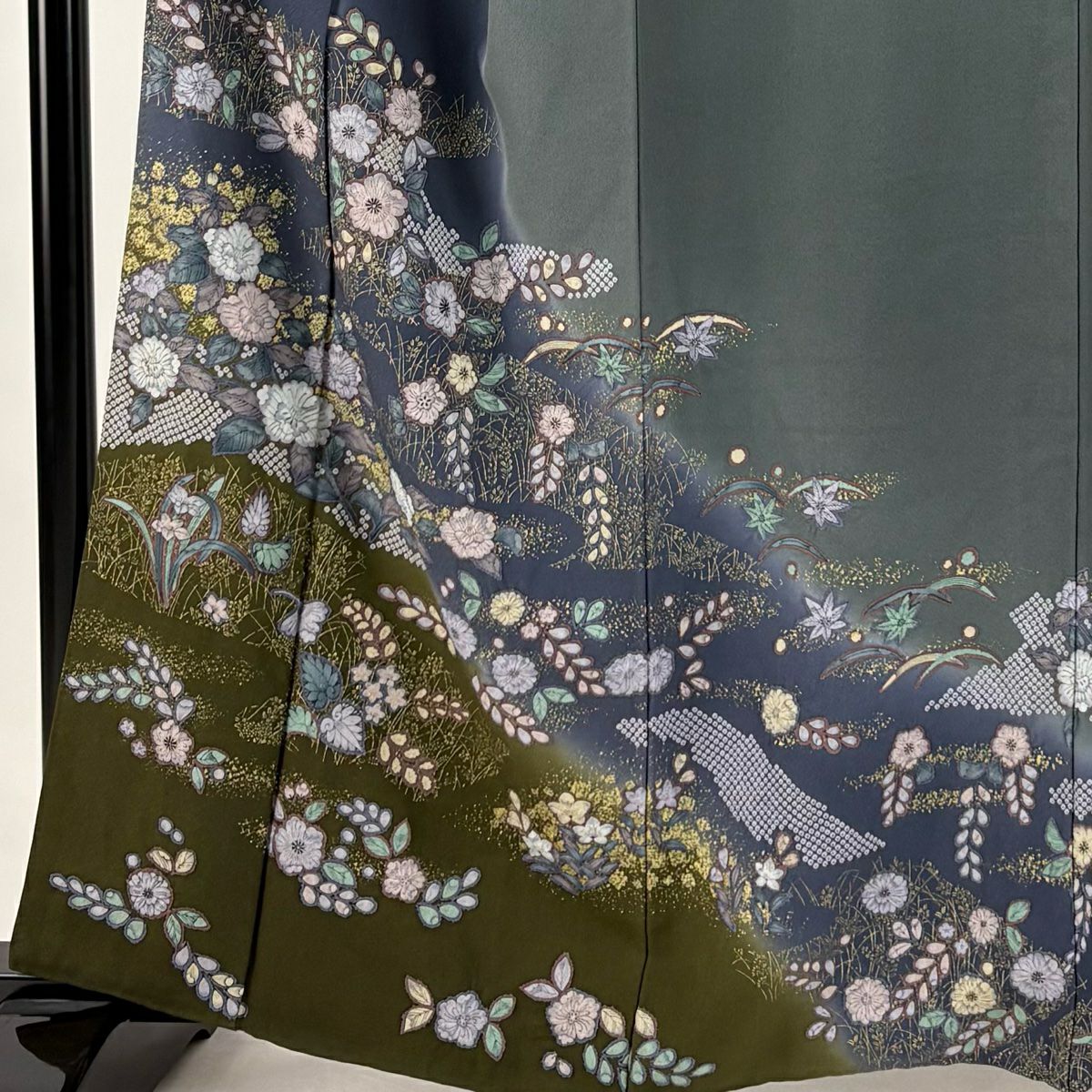 【庫存清倉】訪問服 身長161cm 袖長67cm M 雙層 草花紋紋 霞 金銀彩 絞染 青灰色 純蠶絲 名品級