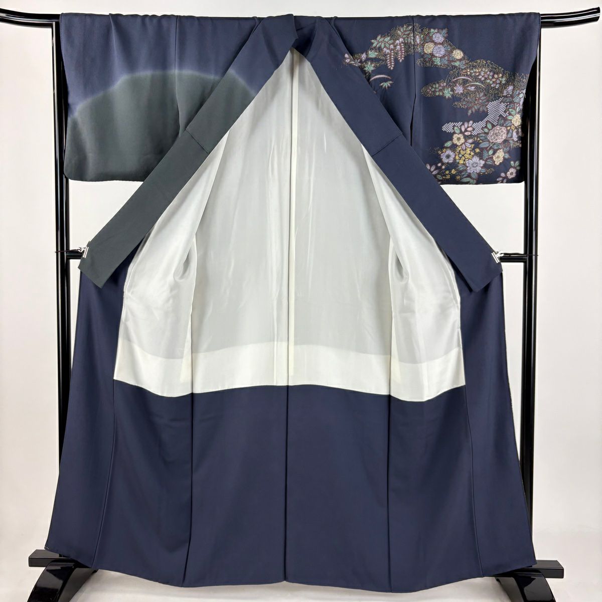 【庫存清倉】訪問服 身長161cm 袖長67cm M 雙層 草花紋紋 霞 金銀彩 絞染 青灰色 純蠶絲 名品級