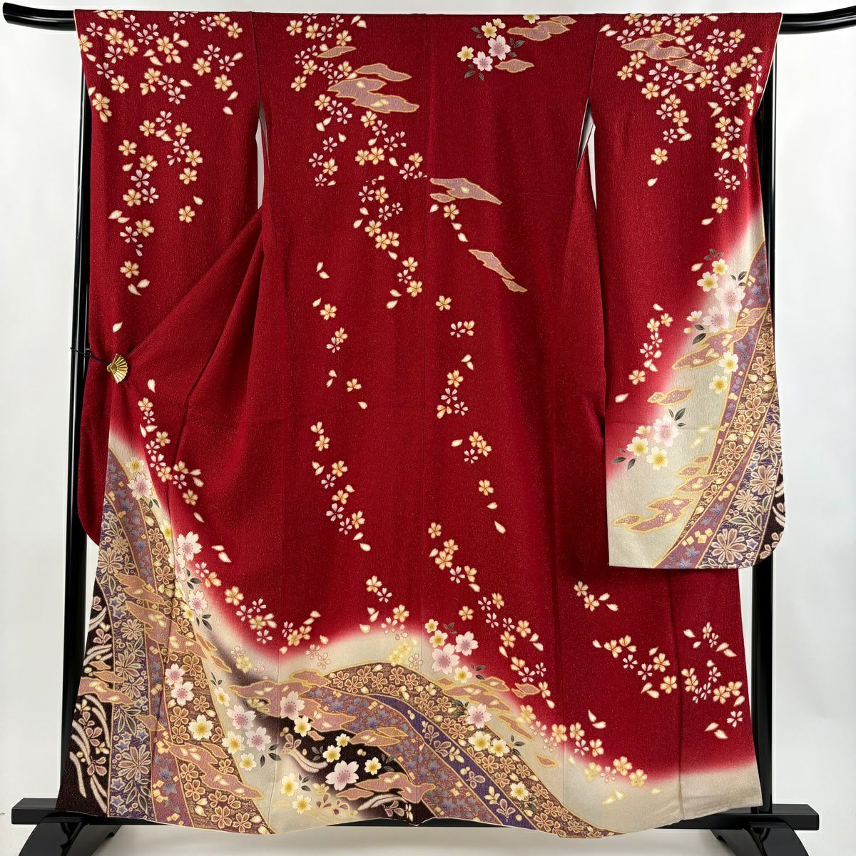 【美品】振袖禮服 身長158.5cm 袖長68cm L 雙層 鈴乃屋 櫻花 霞 金通 金銀彩 紅 純蠶絲 逸品級
