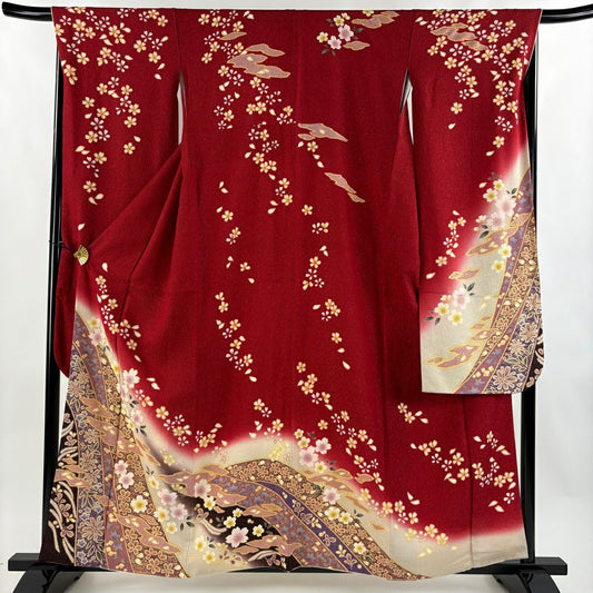 【美品】振袖禮服 身長158.5cm 袖長68cm L 雙層 鈴乃屋 櫻花 霞 金通 金銀彩 紅 純蠶絲 逸品級
