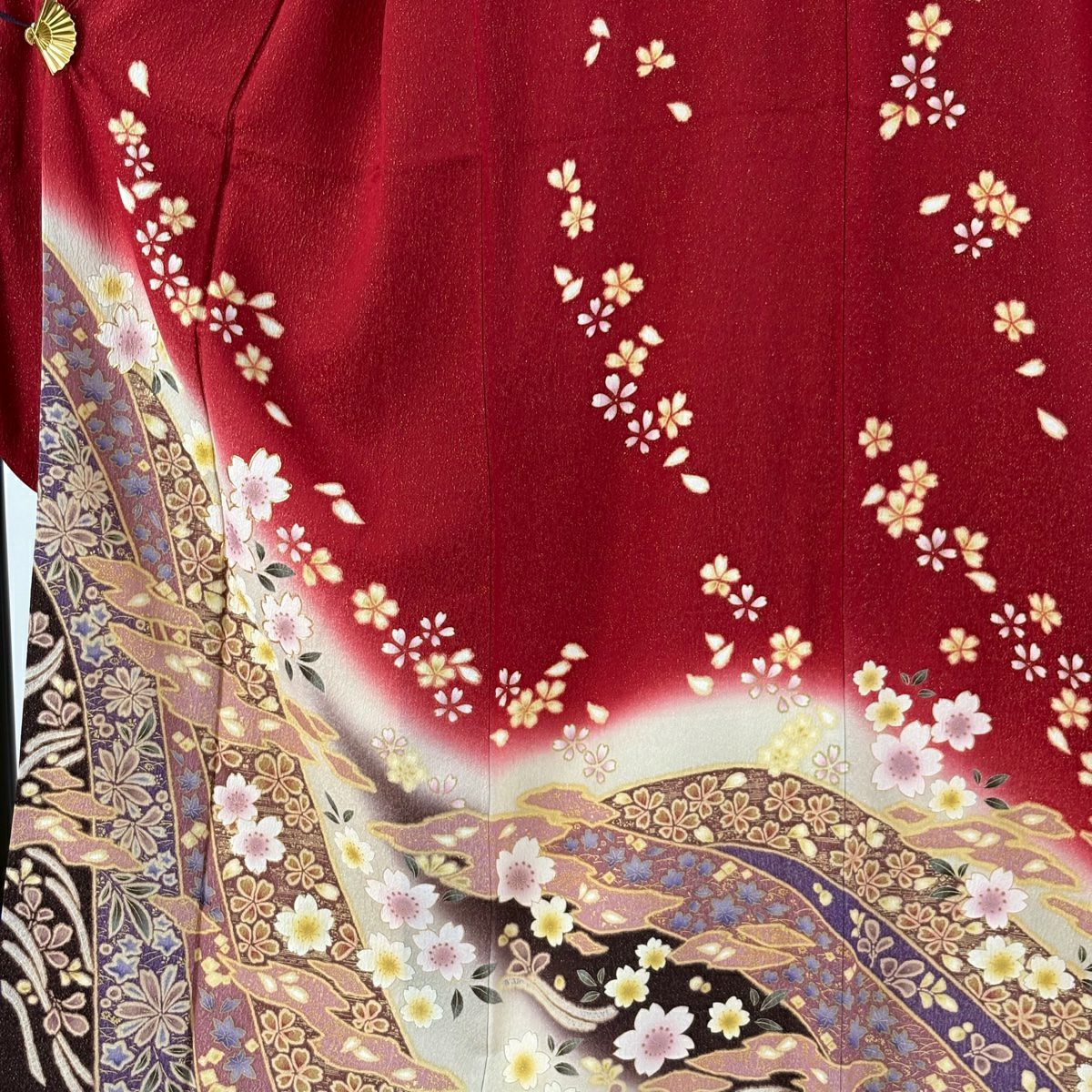 【美品】振袖禮服 身長158.5cm 袖長68cm L 雙層 鈴乃屋 櫻花 霞 金通 金銀彩 紅 純蠶絲 逸品級
