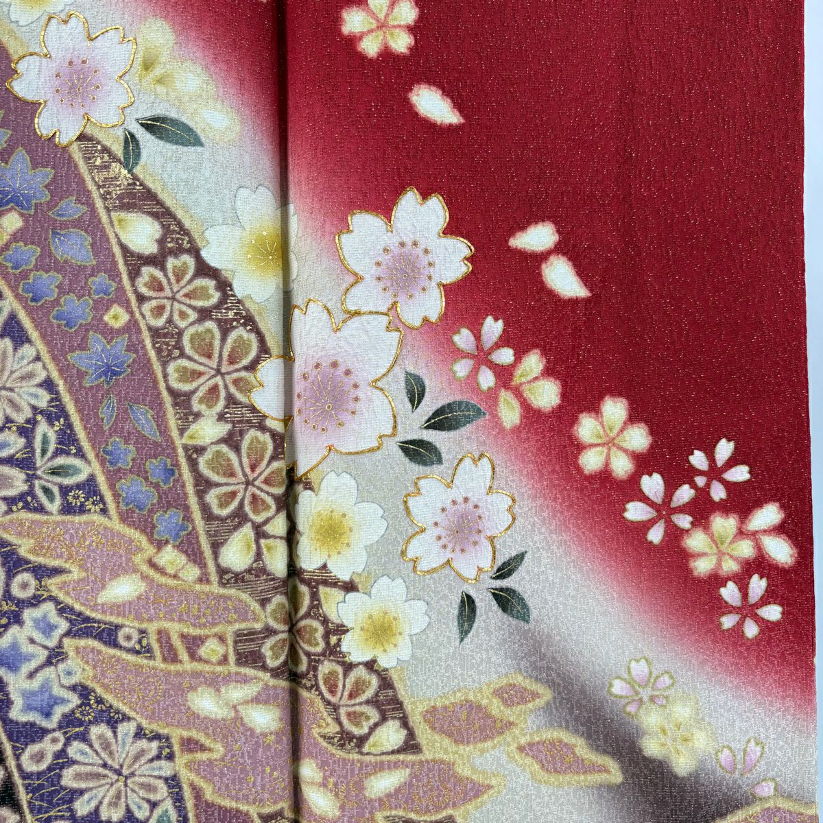 【美品】振袖禮服 身長158.5cm 袖長68cm L 雙層 鈴乃屋 櫻花 霞 金通 金銀彩 紅 純蠶絲 逸品級