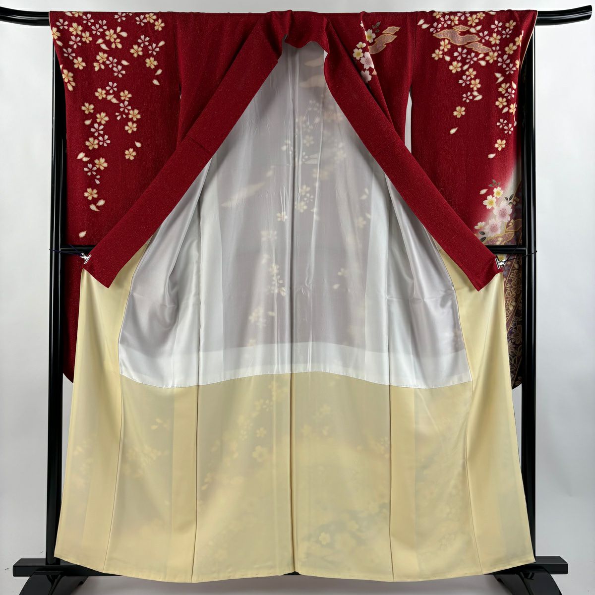 【美品】振袖禮服 身長158.5cm 袖長68cm L 雙層 鈴乃屋 櫻花 霞 金通 金銀彩 紅 純蠶絲 逸品級