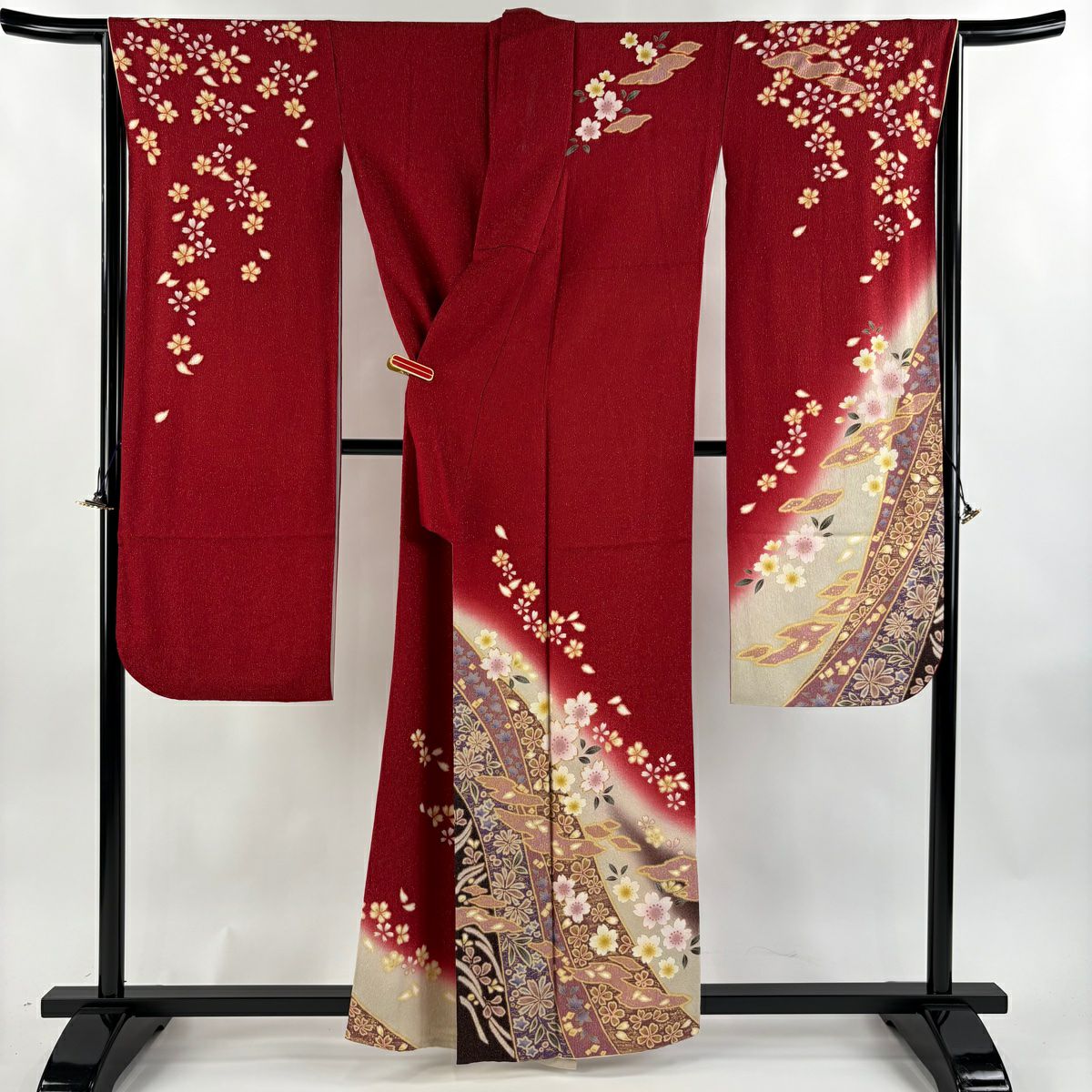 【美品】振袖禮服 身長158.5cm 袖長68cm L 雙層 鈴乃屋 櫻花 霞 金通 金銀彩 紅 純蠶絲 逸品級