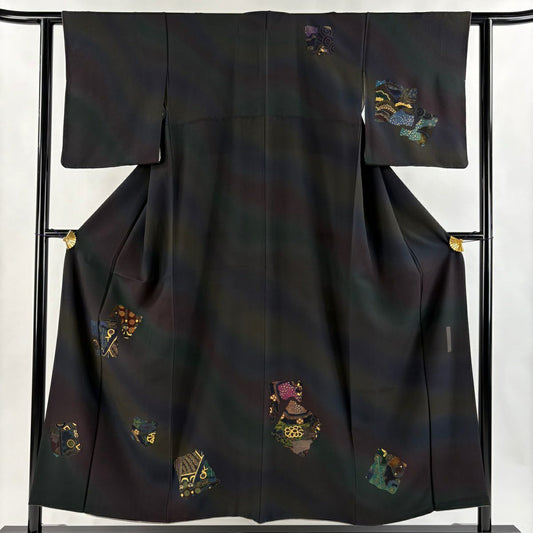 【美品】 付下 身長153cm 袖長60cm S 雙層 前田仁仙 落款あり 破れ色紙 草花紋紋 金銀彩 漸層 茶紫 純蠶絲 逸品級