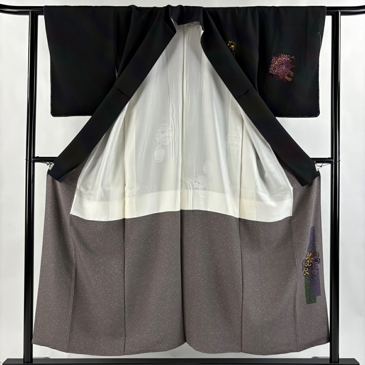 【美品】 付下 身長153cm 袖長60cm S 雙層 前田仁仙 落款あり 破れ色紙 草花紋紋 金銀彩 漸層 茶紫 純蠶絲 逸品級